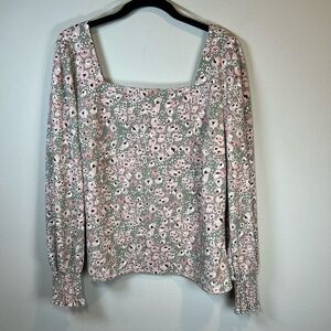 Melloday Ditsy Floral Square Neck Blouse Shirt Green Pink Cottagecore Office  XL